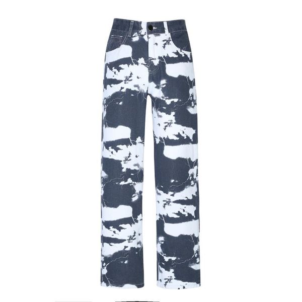 

hip hop tie dye printed loose jeans men straight washed full length mid waist vintage casual high street denim pants four season men's, Blue