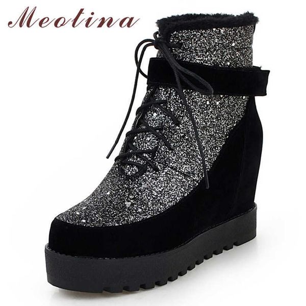 Meotina Botas do tornozelo de inverno Mulheres Glitter Altura Aumentando botas curtas de salto alto Lace Up Round Toe Sapatos Senhora Outono tamanho 34-43 210608