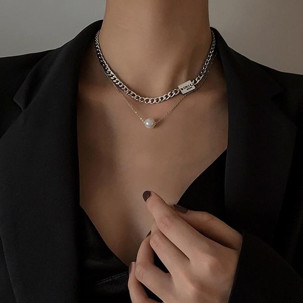 

chains double-layer letter square brand imitation pearl steel necklace women, Silver