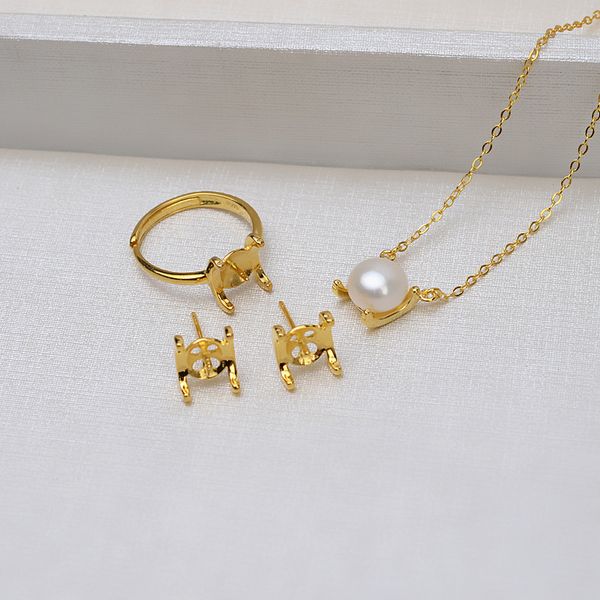

s925 silver pendant set chain earrings female ring h four claw set pearl diy accessories empty support personality 1261