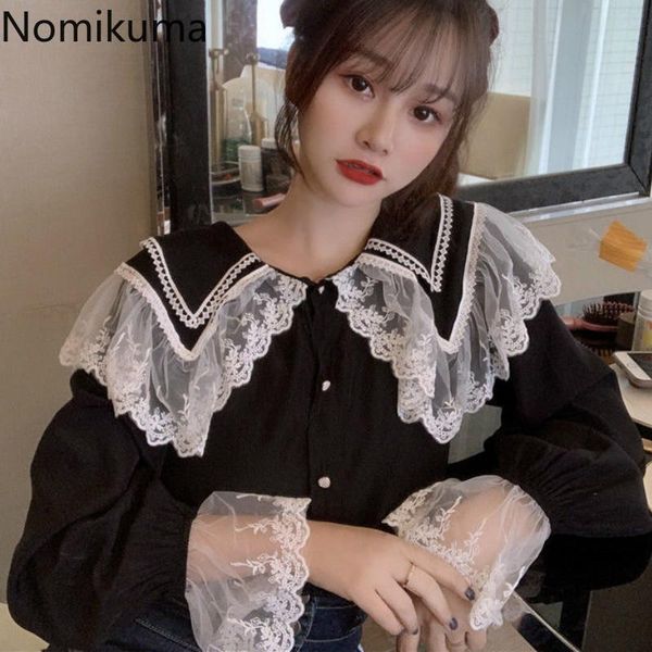 

nomikuma korean vintage blouse women lace patchwork turn down collar long sleeve retro shirts female slightly transparent blusas women', White