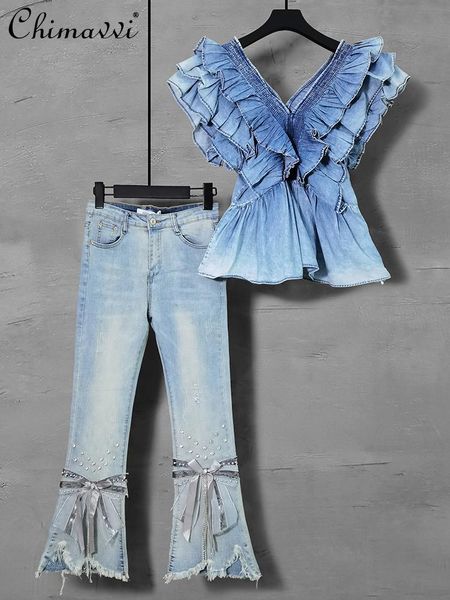 

women's two piece pants women pieces beads jeans suit 2021 v neck solid color casual slimming female high waist pocket flare denim, White