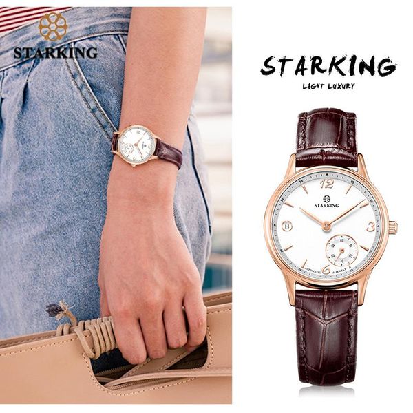 

wristwatches starking women watches automatic self winding stainless steel sapphire crystal watch waterproof 5atm auto date two dials clock, Slivery;brown