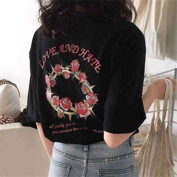 

love and hate floral hoop letter printed t shirt young lady girls vintage cute cotton streetwear 210512, White