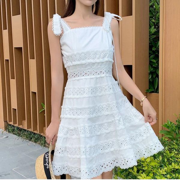 

casual dresses [ewq] lace seaside vacation high waist hollow suspender dress sweet and cute ladies 2021 summer 16w836, Black;gray