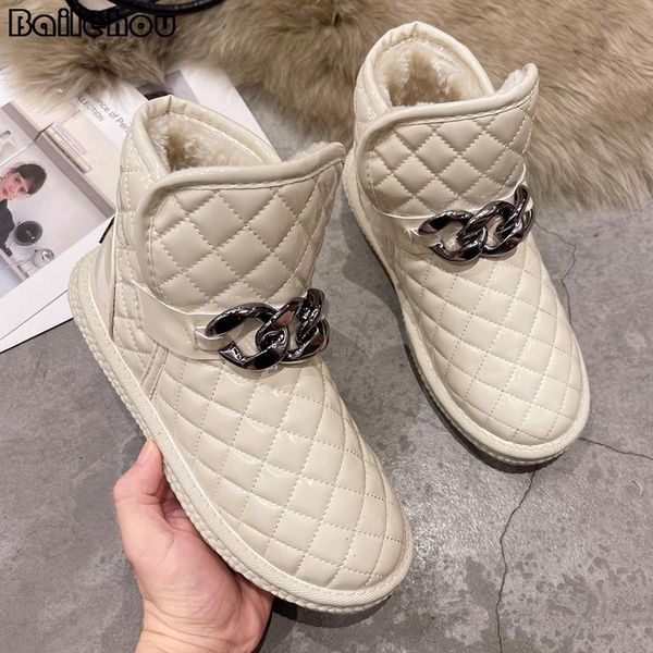 

boots women snow ladies short ankle shoes for winter furry metal chain rubber platform black female modern booties flats