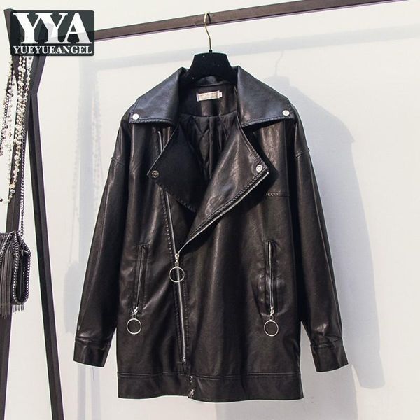 

women's leather & faux autumn loose fit motorcycle long jacket women turn-down collar zip pu jackets windbreakers outerwear winter flee, Black