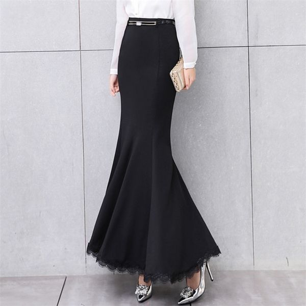 

long skirt women fish tail black with belt ankle-length lace embroidery mermaid trumpet empire high waist stretchy b92792 210421