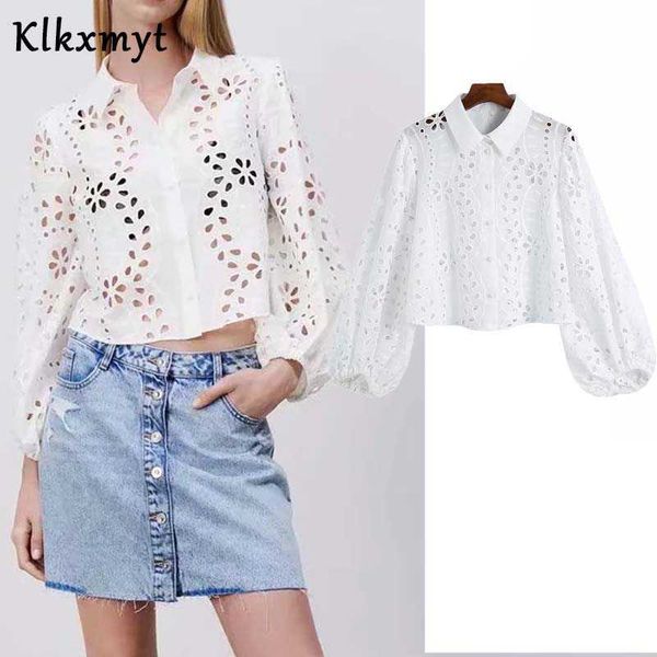 

klkxmyt za hollow out embroidery white shirt woman long sleeve female elegant semi sheer high street button up blouse 210527