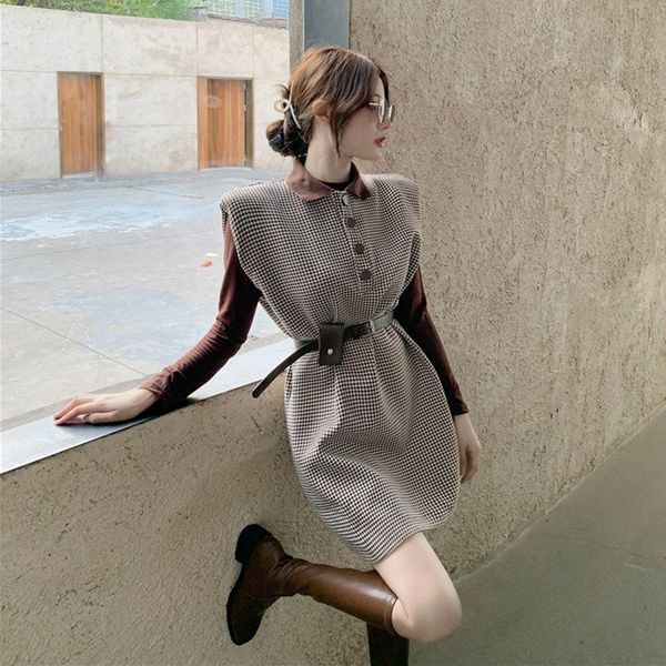 

casual dresses fashionable skirt suit two-piece women's plaid straight dress+brown long lapel t-shirt autumn and winter elegan, Black;gray