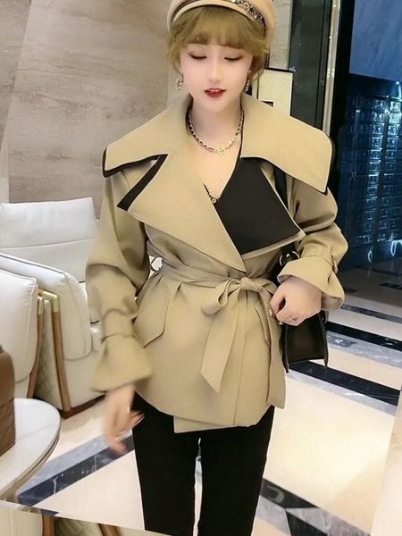 

women's jackets [ewq] korea chic khaki coat women autumn 2021 outerwear clothing laple loose lace up waist long sleeve jacket female 16, Black;brown