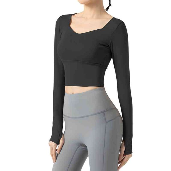 

women casual sport shirts high elastic solid color gym fitness yoga running breathable long sleeve t-shirts mujer