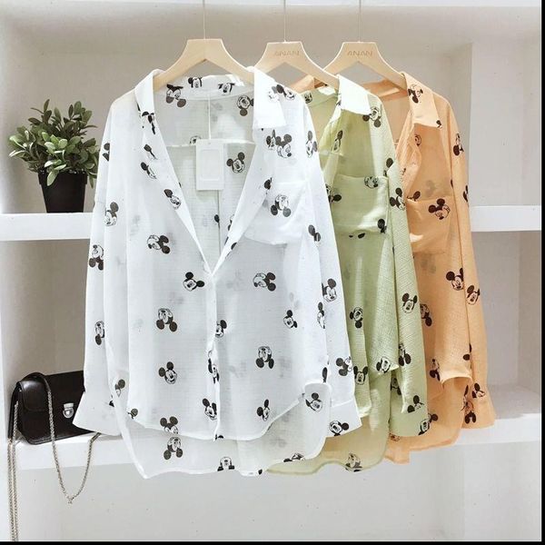 

fashion cartoon stitching casual chiffon womens shirts long sleeve cardigan summer green orange white
