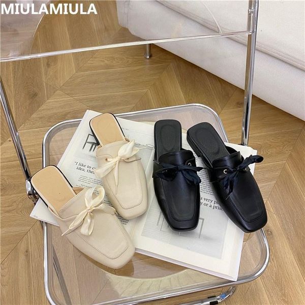 

slippers miulamiula brand design autumn square toe sweet butterfly-knot flat slipper leather slides loafers mules flip flops casual1 zt6z, Black