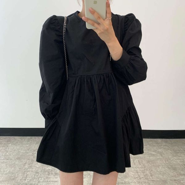 

casual dresses dress women clotheschic of south korea spring simple dark round neck loose and versatile show small baby short skirt kcow, Black;gray