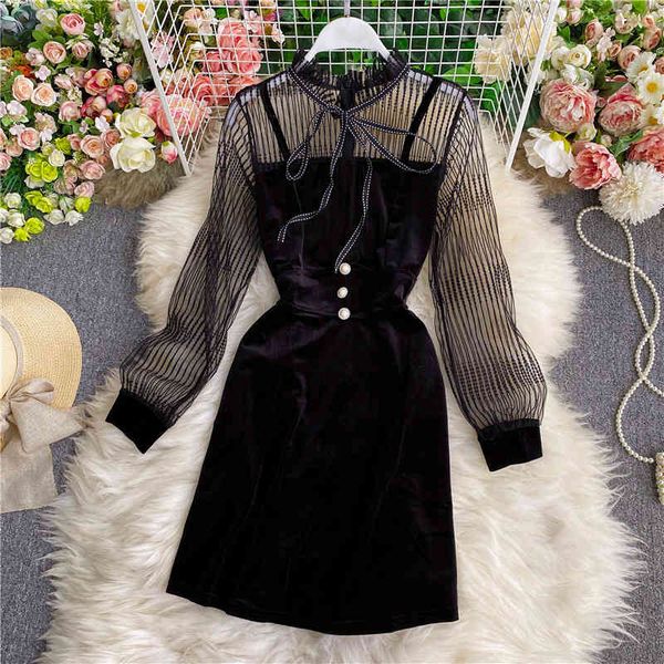 

dresses spring autumn mesh patchwork mini dress women elegant o-neck long sleeve high waist vestidos female slim robe new fashion, Black;gray