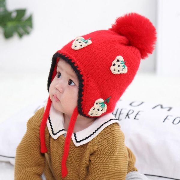 

born baby boy girl fruit print beanies hat pompon winter children knotted warm earflap knit crochet beanie cap caps & hats, Yellow