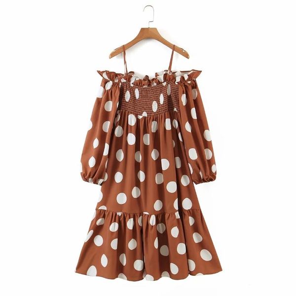 

casual dresses women dot printing slash neck suspender midi dress femme lantern sleeve loose clothes vestido d6617, Black;gray