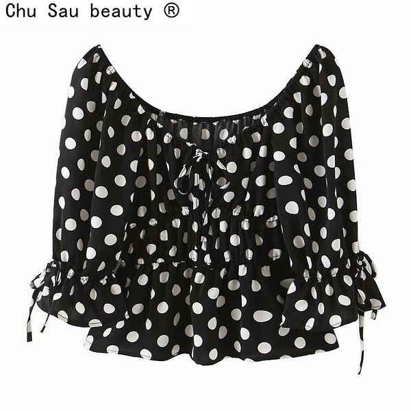 

vintage polka dot printing slash neck shirt women summer lace-up crop folds puff sleeves female fashion 210508, White