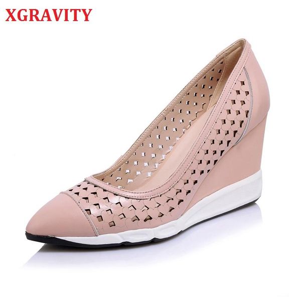 

dress shoes xgravity stock clearence genuine leather cut out ladies fashion wedge summer elegant sandals female, Black