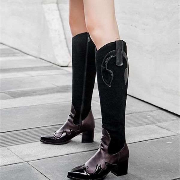 

small big size 32 42 to 48 yellow brown snake patchwork chunky heel knee high boots 5cm, Black