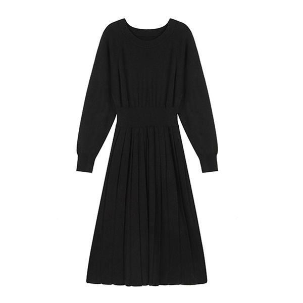 

black gray pink brown knitting pullover o-neck long sleeve empire ruched midi dress spring autumn d1967 210514