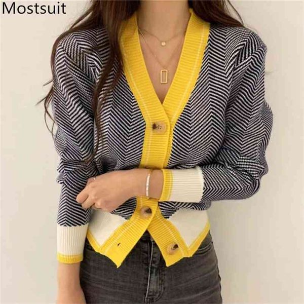 V-Ausschnitt Einreiher Koreanische Strickjacke Pullover Frauen Herbst Winter Farbe blockiert Langarm Mode Elegante Damen Tops 210903