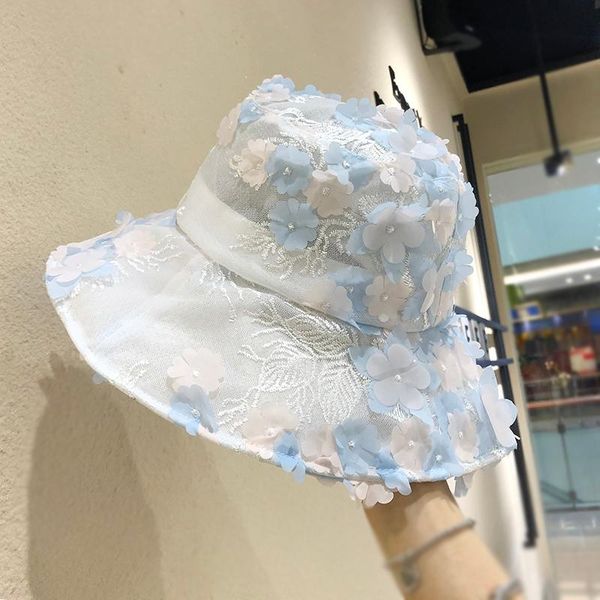 

wide brim hats korean flower embroidery fisherman hat elegant lace flat basin bucket sun for women summer beach cute cap, Blue;gray
