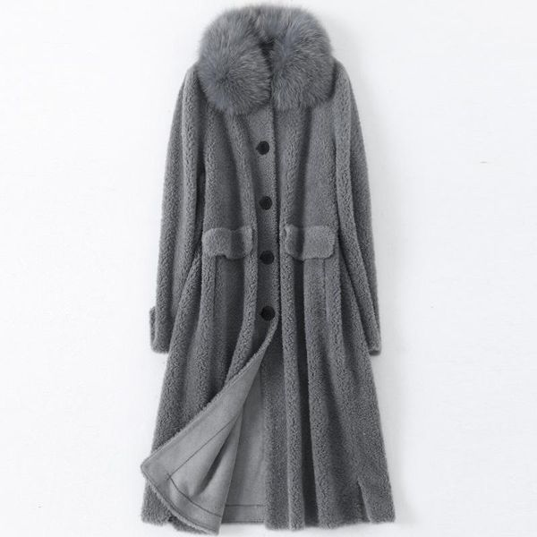 

women's fur & faux winter fashion real sheep parka coats for women long wool jacket grey natural collar hooded overcoat female luxury, Black