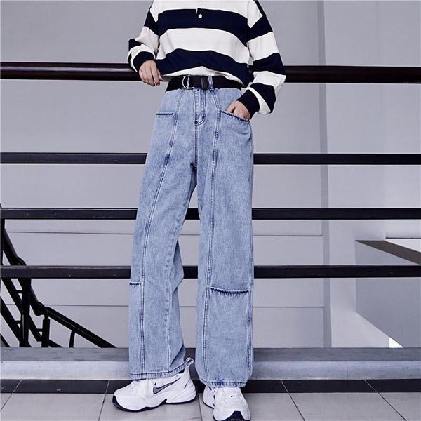 

big pocket straight jeans women's high waist light blue casual fashion vintage pants loose women y190