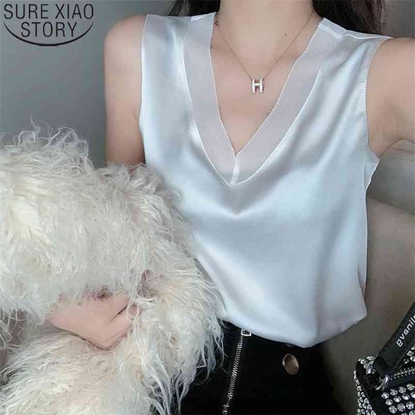 

v-neck woman vest silk for women satin mesh female tank white basic plus size sleeveless clothing 13743 210510