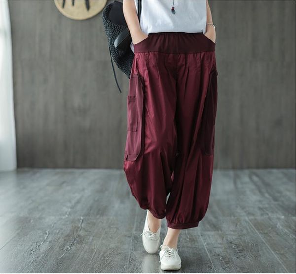 

women's pants & capris summer retro women loose casual lantern trousers ladies elastic waist spliced pocket all-match 2021, Black;white