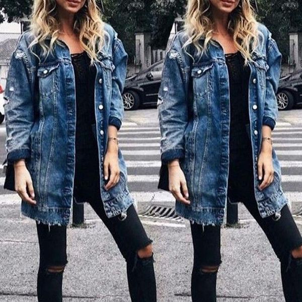 

women's jackets 2021 stylish coats denim long coat jeans fashion hole jacket female loose casual streetwear blue outwear, Black;brown