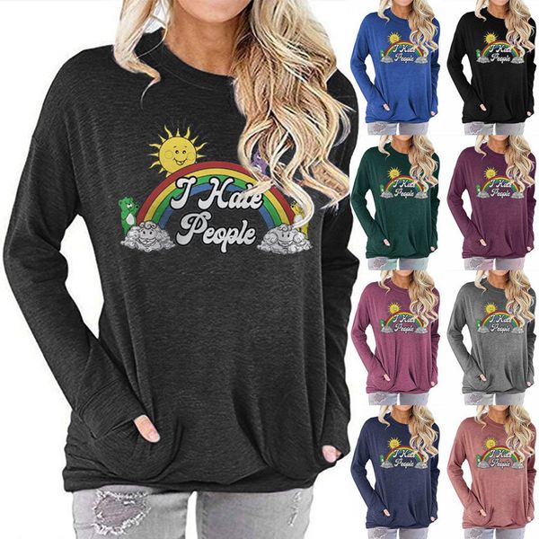 

ladies pocket hoodie round neck long-sleeved sweater 9 colors 5 sizes women mother printed blouse lla963, Black