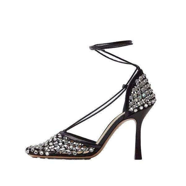 

sandals women's ankle lace up mesh inlaid with shiny rhinestones hollow breathable square head thin high hee, Black