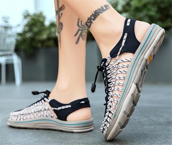 Contraste de moda sandálias tecidas cânhamo corda chinelos macio pele-friendly respirável luz de verão tendência fresca colocação tamanho39-44