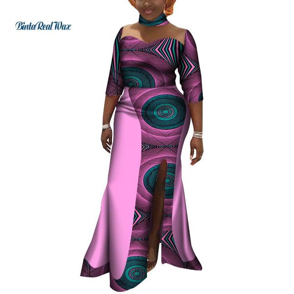 

ethnic clothing autumn african print long dresses for women bazin riche cotton sleeve vestidos stand neck wy6992, Red