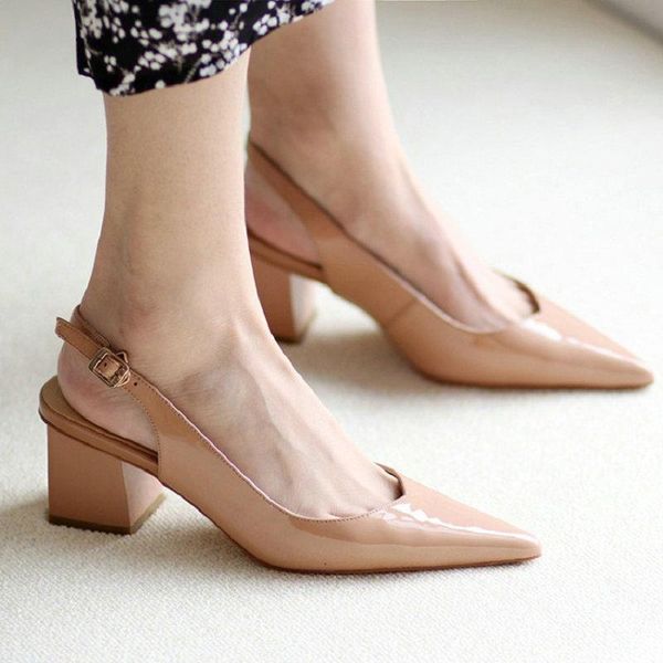 

zawsthia 2021 summer natural patent leather pointed toe chunky high heels slingback retro solid beige color women shoes sandals, Black
