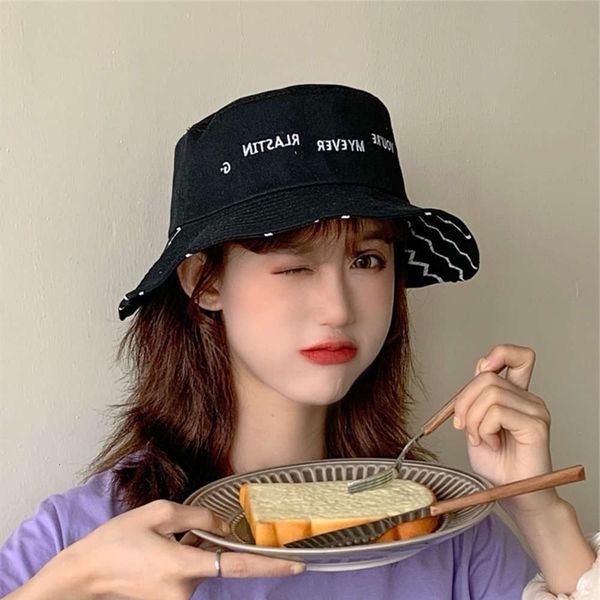 

sun hat korean lettered embroidered fisherman's female summer leisure big brim student travel sun protection hat tide, Blue;gray