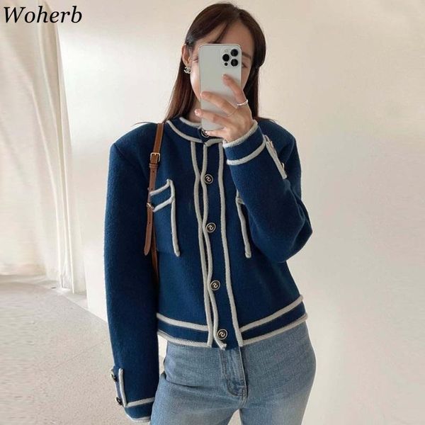 

women's knits & tees woherb korean elegant color patchwork cardigans vintage office lady o neck pockets cardigan japanese sweet loose c, White