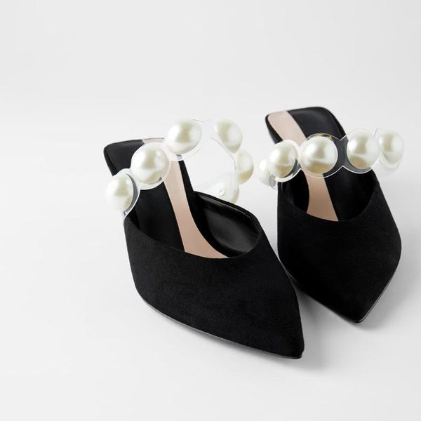 

slippers pearl pointed toe women mules thin heel slip on outside, Black