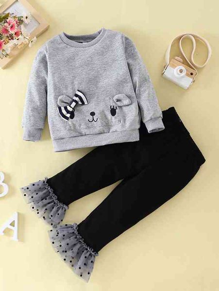 

baby cartoon graphic sweatshirt & polka dot mesh flare leg pants she, Blue