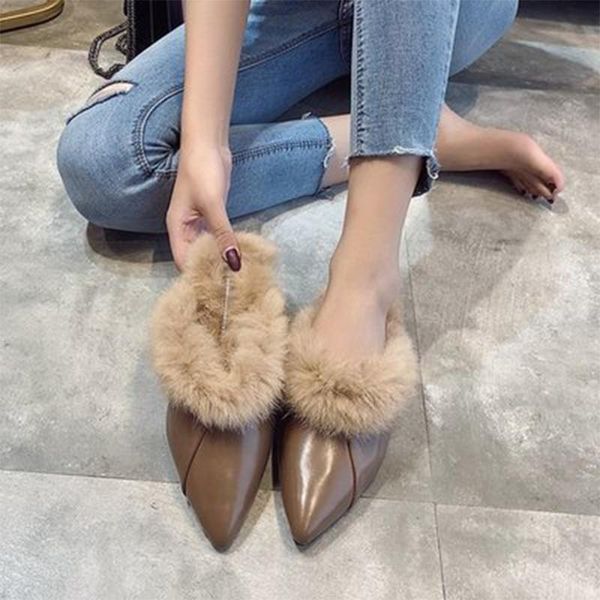 

women furry slippers autumn fashion pointed toe mules for woman ladies warm fur casual flats women's shoes female footwear, Black
