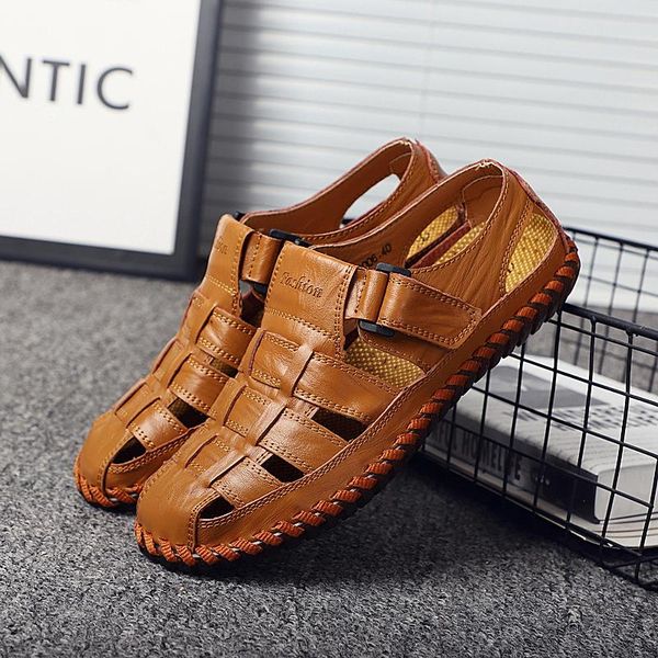 

sandals men genuine cow leather 2021 summer handmade shoes man breathable casual flat walking male footwear, Black