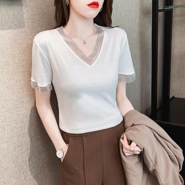 

women's t-shirt 2021 summer solid color bottoming shirt short v-neck korean fashion short-sleeved blusa mujer, White