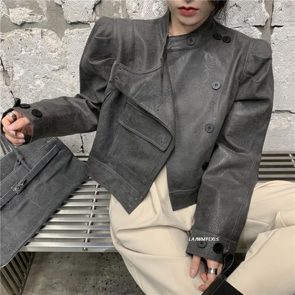 

women's leather & faux short loose fashion puff sleeve pockets o-neck outerwear 2021 women spring autumn jacket streetwear vintage, Black