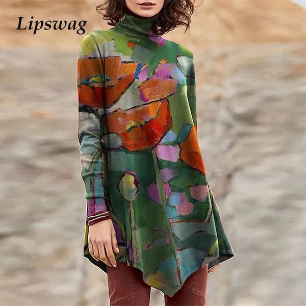 

women's blouses & shirts fashion autumn winter women turtleneck harajuku floral print loose irregular female casual long sleeve shirt, White