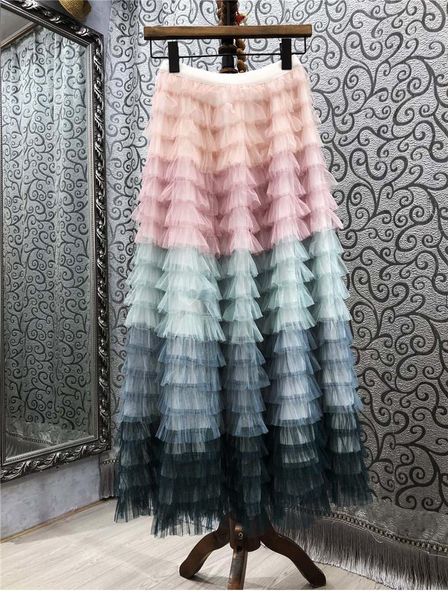 

skirts 2021 summer fashion long skirt vintage gradient color print casading ruffle casual maxi ladies, Black