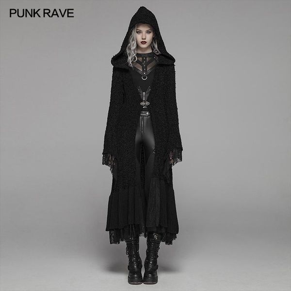 

women's trench coats punk rave gothic retro black long hooded sweater halloween costume personality women woolen cardigan cuffs stitche, Tan;black