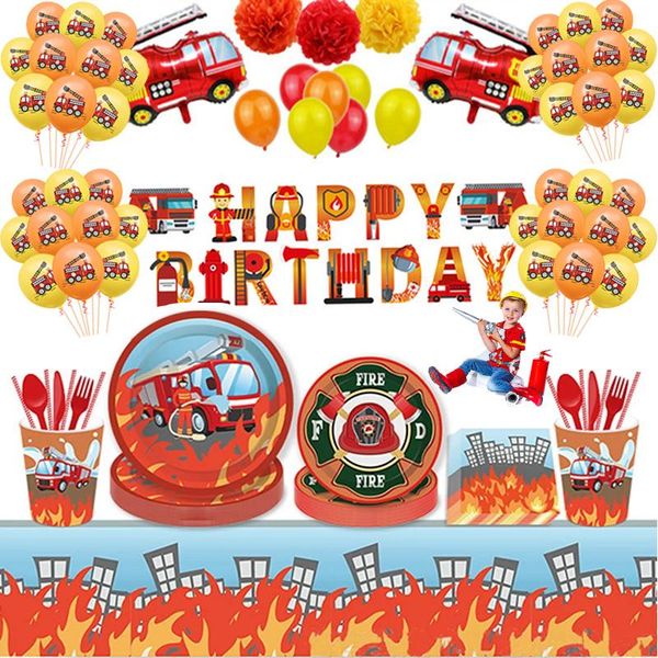 

disposable dinnerware fireman theme happy birthday party supplies paper cup plate napkins flags banner kids boys favor balloons decoration